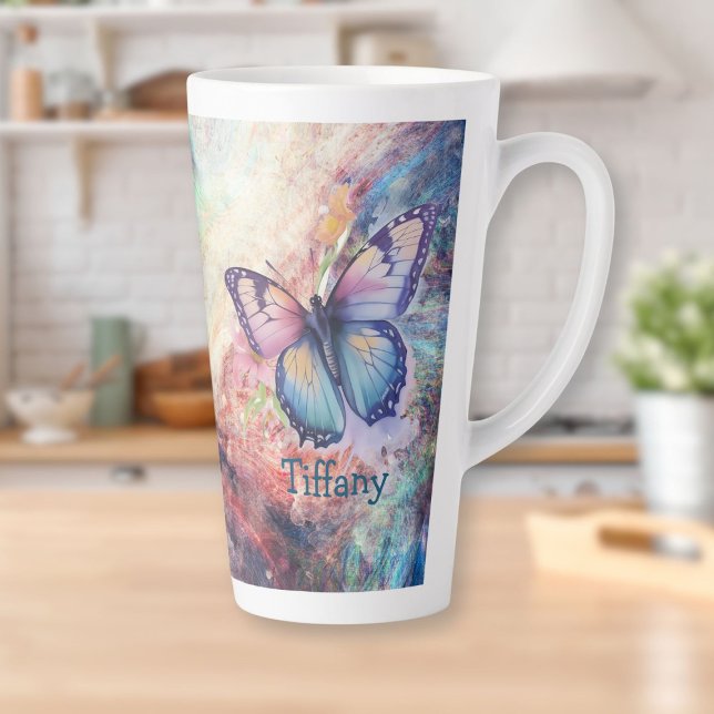 Tasse Latte Papillon bleu, violet et rose (Blue, Purple, and Pink Watercolor Butterfly Latte Mug)