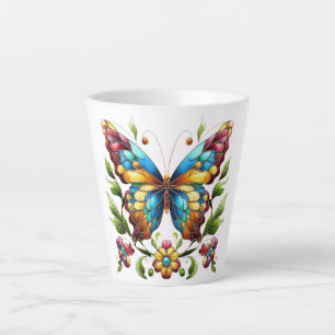 Tasse Latte Papillon en vitrail coloré avec fleurs