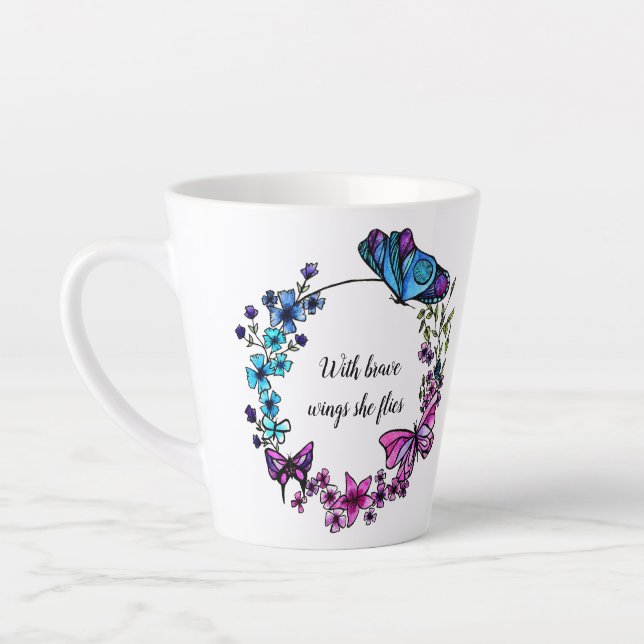 Tasse Latte Papillon et fleurs Guillemet ou nom personnalisé W (Gauche)
