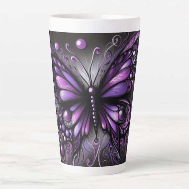 Tasse Latte Papillon gothique blanc violet noir couleur (Devant)