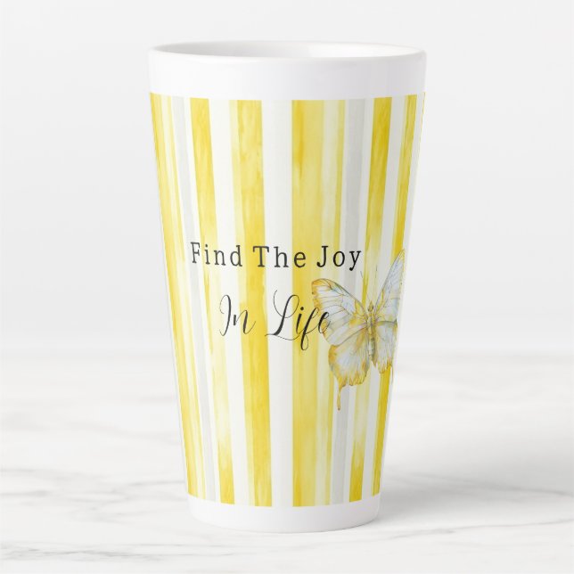 Tasse Latte Papillon Rayures Blanches Jaune Citron Trouve Joie (Devant)