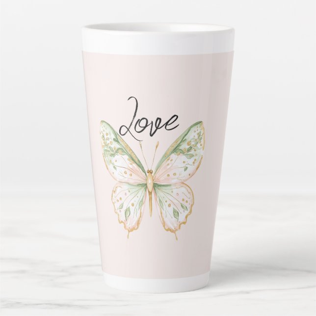 Tasse Latte Papillon Rose Blush Vert Menthe Or (Devant)