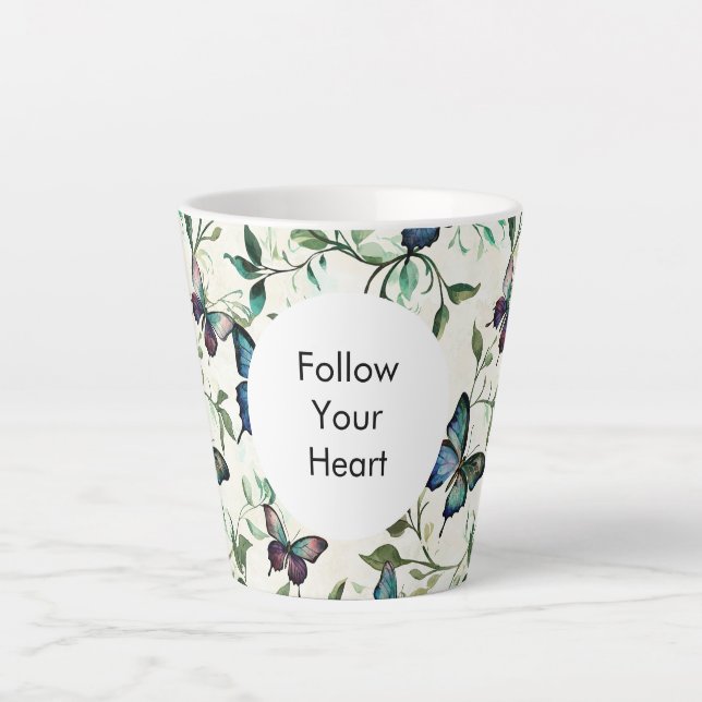 Tasse Latte Papillons bleus romantiques chics (Devant)