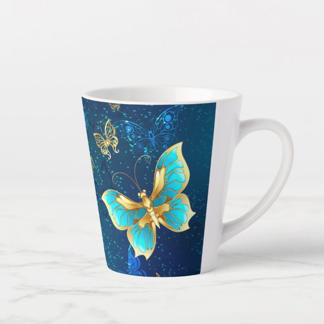 Tasse Latte Papillons d'or sur un Arrière - plan bleu (Droite)