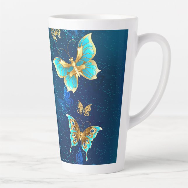 Tasse Latte Papillons dorés sur fond bleu (Droite)