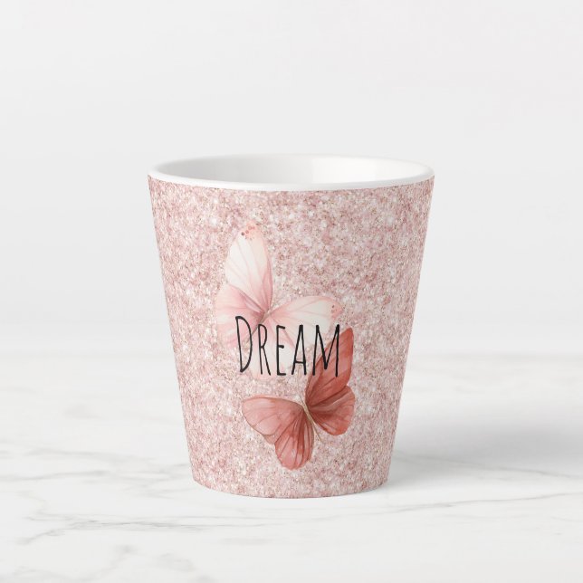 Tasse Latte Papillons Pailletés Rose Rouge (Devant)