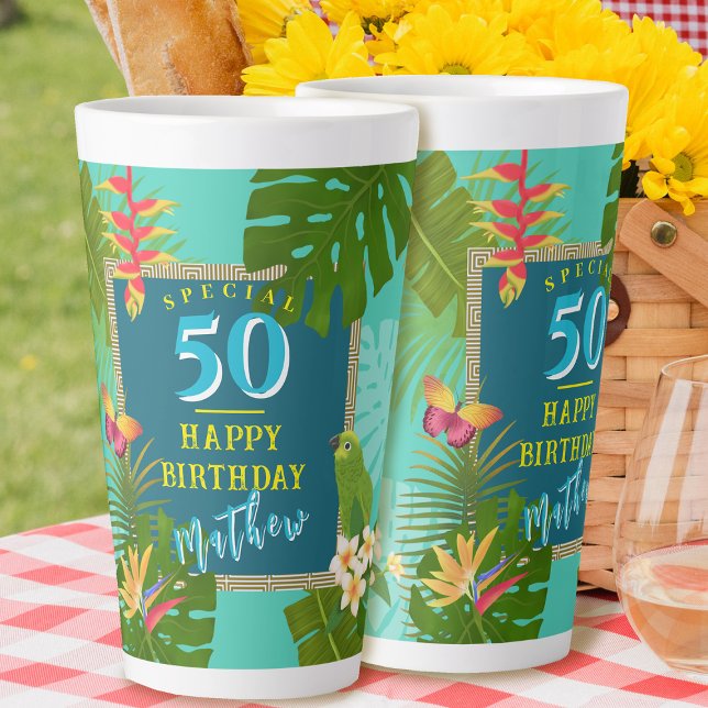 Tasse Latte Paradis Tropical Anniversaire Annuel Sarcelle (Tropical Paradise Birthday Latte Mug. )