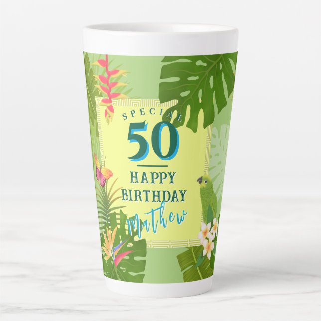 Tasse Latte Paradis tropical annuel vert d'anniversaire (Devant)