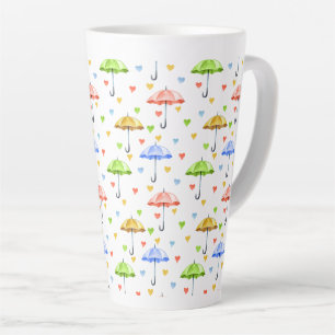 Tasse Latte Parapluies colorées à l'aquarelle et Coeurs tomban