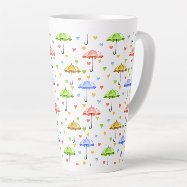 Tasse Latte Parapluies colorées à l'aquarelle et Coeurs tomban (Angle droit)