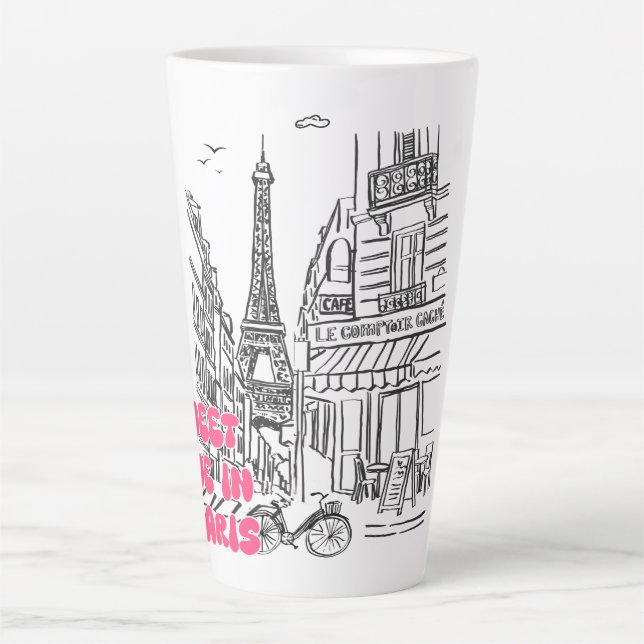 Tasse Latte Paris Café–Meet Me in Paris in Pink & Eiffel Tower (Devant)