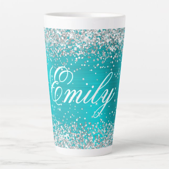 Tasse Latte Parties scintillant d'argent personnalisée Turquoi (Devant)