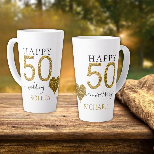 Tasse Latte Parties scintillant d'or Personnalisé 50e annivers (Gold Glitter Personalized 50th Wedding Anniversary Latte Mug golden anniversary Parents gifts)