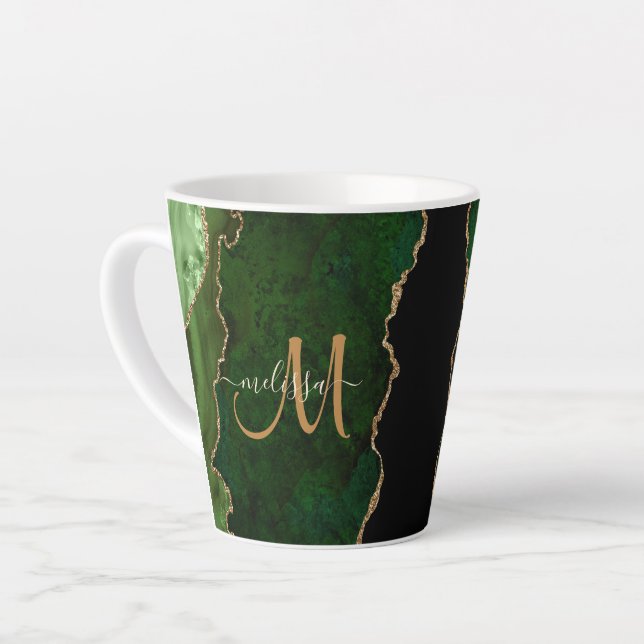 Tasse Latte Parties scintillant d'or vert chic Agate Monogramm (Angle gauche)