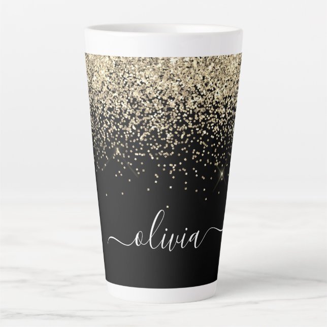 Tasse Latte Parties scintillant Noir Or Script Monogramme Nom  (Devant)