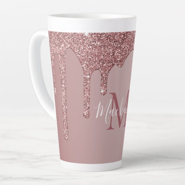Tasse Latte Parties scintillant rose à goutte d'or Monogramme (Angle gauche)