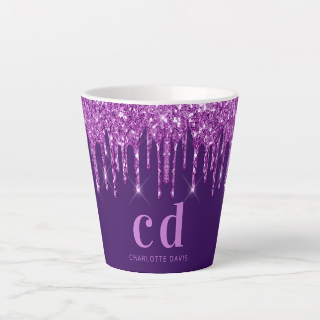 Tasse Latte Parties scintillant violet gouttes monogramme nom  (Devant)