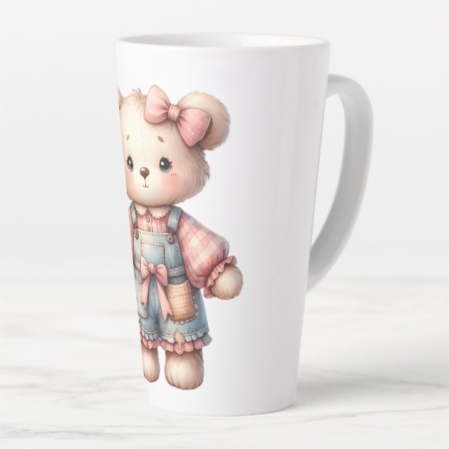 Tasse Latte Pastel Teddy Bear Holding Flower Wear Overalls (Angle droit)