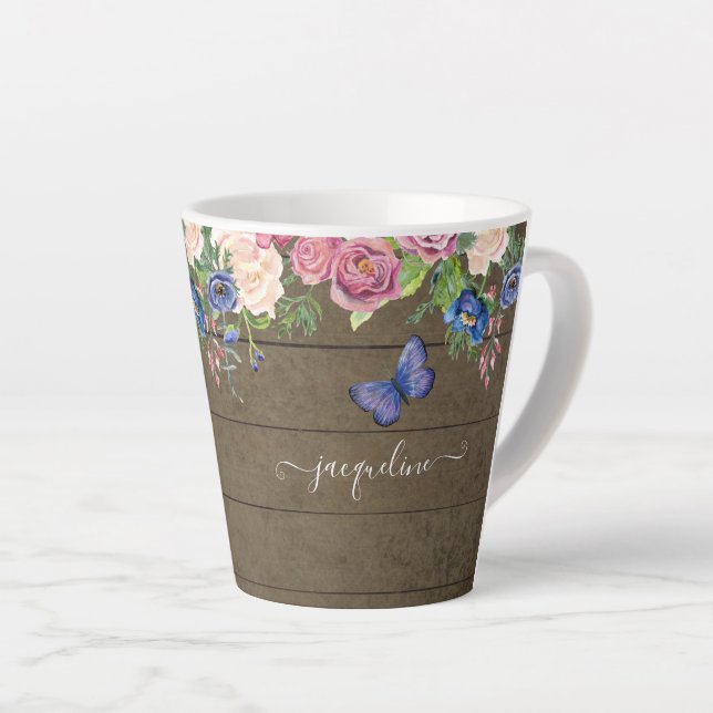 Tasse Latte Pays rustique Aquarelle Floral Bourgogne Navy (Angle droit)
