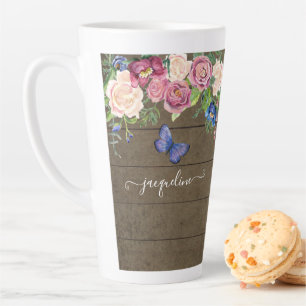 Tasse Latte Pays rustique Aquarelle Floral Navy Bourgogne