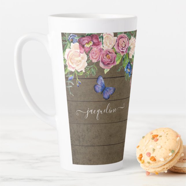 Tasse Latte Pays rustique Aquarelle Florale Marine Bourgogne (En situation)