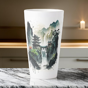 Tasse Latte Paysage antique de l'encre chinoise avec cascade