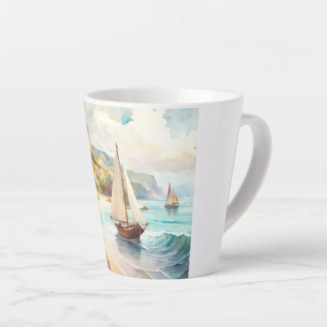 Tasse Latte Paysage avec mer et voiliers (Angle droit)