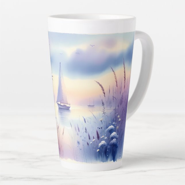Tasse Latte Paysage côtier de voilier pastel (Angle droit)