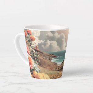 Tasse Latte Paysage côtier surréaliste avec fleurs et nuages