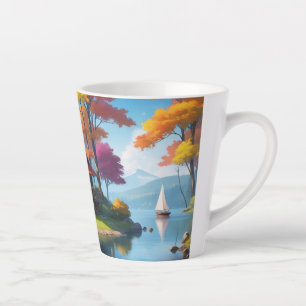 Tasse Latte Paysage naturel avec un chalet en dehors du lac-56
