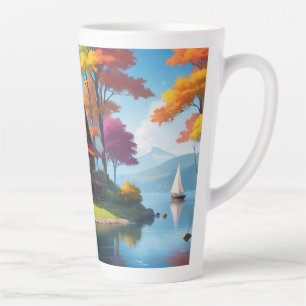 Tasse Latte Paysage naturel avec un chalet en dehors du lac-56