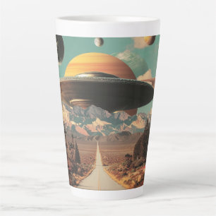 Tasse Latte Paysage surréaliste avec route, OVNI et Saturne