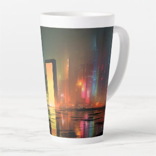 Tasse Latte Paysage urbain futuriste avec reflets néon