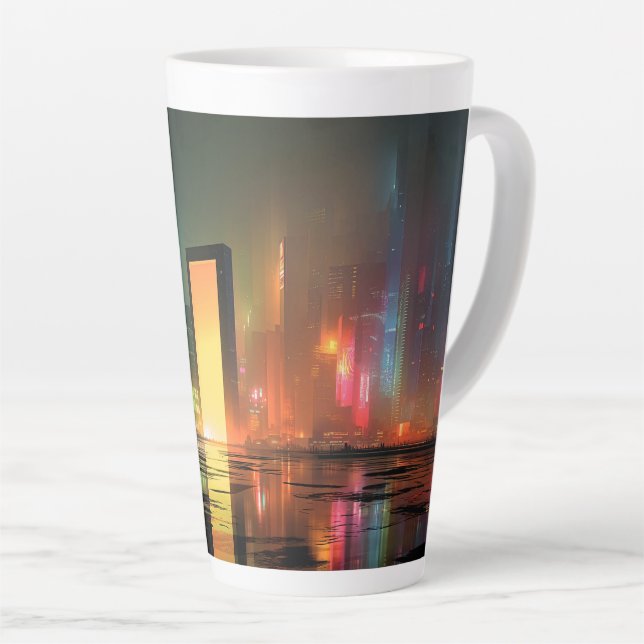 Tasse Latte Paysage urbain futuriste avec reflets néon (Angle droit)