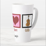 Tasse Latte Peace Love Cello<br><div class="desc">Un beau cadeau de Noël de violoncelle pour un celliste. Cette conception Peace Love Cello présente un joli signe de paix,  le coeur,  et l'instrument de musique,  le violoncelle. Un grand cadeau pour un membre de quatuor à cordes ou un chef d'orchestre.</div>