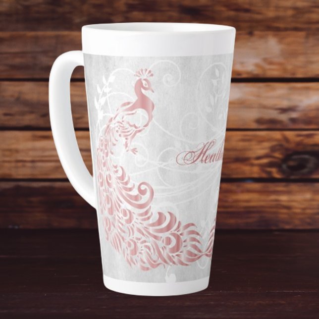 Tasse Latte Peacock rose Personnalisé (Pink Peacock Personalized Latte Mug)