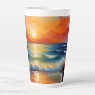 Tasse Latte Peinture à l'huile de couché de soleil orange sur 