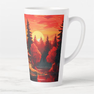 Tasse Latte Peinture coucher de soleil avec chalet et lac-6663