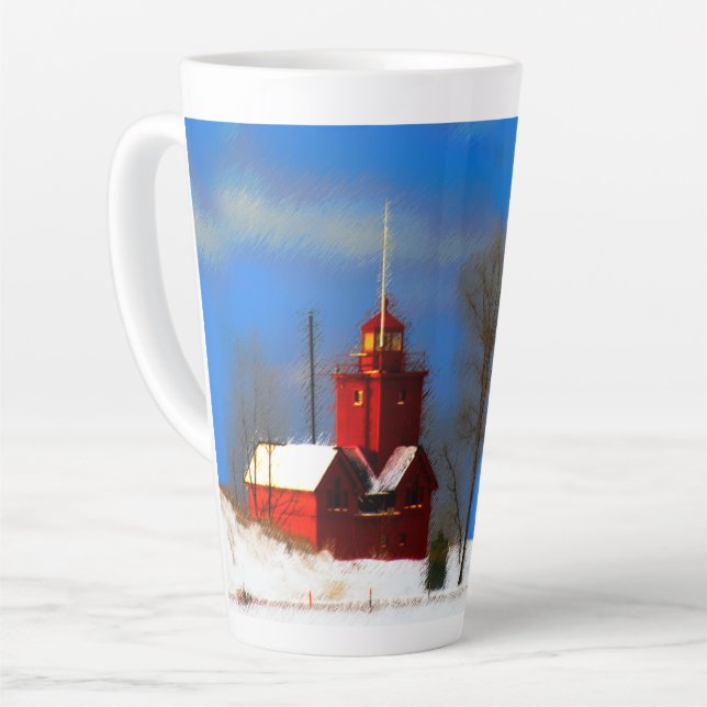 Tasse Latte Peinture de phare rouge - Art original (Angle gauche)