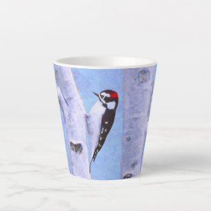 Tasse Latte Peinture Downy Woodpecker - Art original pour oise