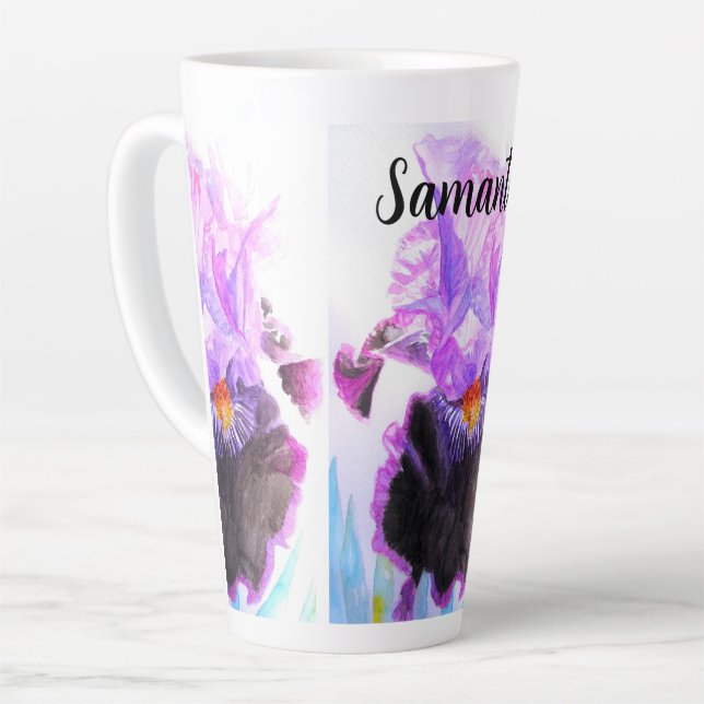 Tasse Latte Peinture florale de fleur d'Iris pourpre à l'aquar (Angle gauche)