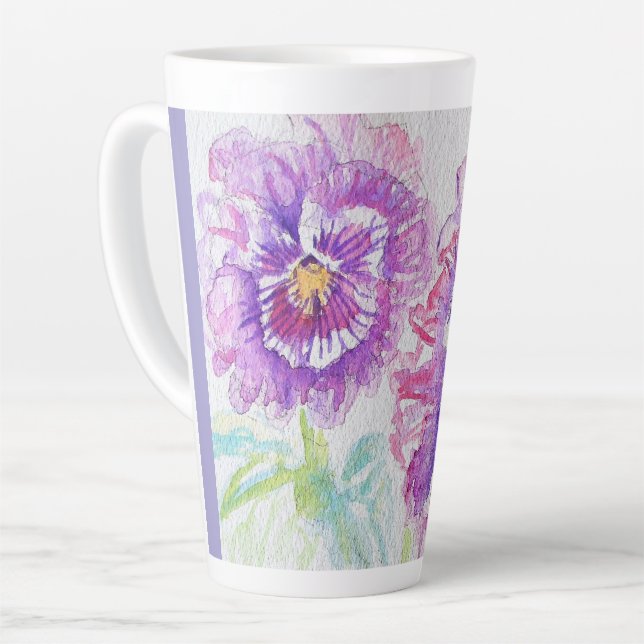 Tasse Latte Pensée Pensées Fleur Aquarelle Florale Art Pourpre (Angle gauche)