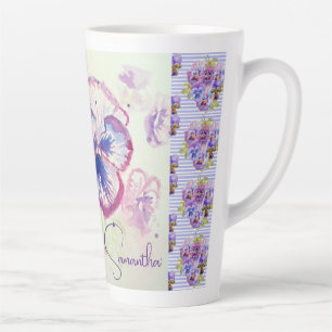 Tasse Latte Pensée Pensées Fleur Aquarelle Violette Florale Ro