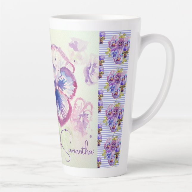 Tasse Latte Pensée Pensées Fleur Aquarelle Violette Florale Ro (Droite)