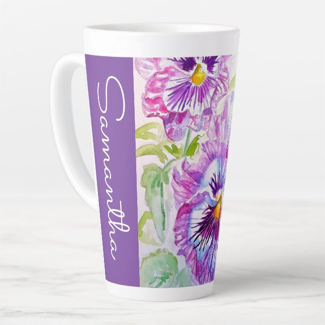 Tasse Latte Pensée Violette Fleur Aquarelle Nom de Femme Pensé (Angle gauche)