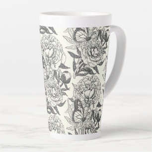 Tasse Latte Peonies et papillons bloquent l'impression, noir e