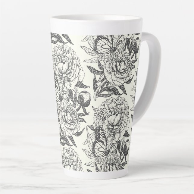 Tasse Latte Peonies et papillons bloquent l'impression, noir e (Angle droit)