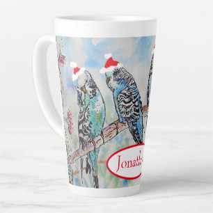 Tasse Latte père Noël Budgie Noël aquarelle peinture oiseau