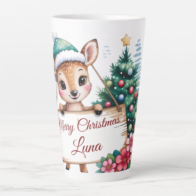 Tasse Latte Personalized Cute Fawn Deer Merry Christmas (Devant)