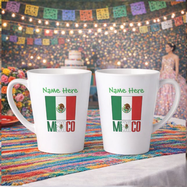 Tasse Latte Personalized Mexico Flag Name Design (Personalized small latte mug has design on 2 sides. Mexican Flag, MEXICO below. Name added above.)